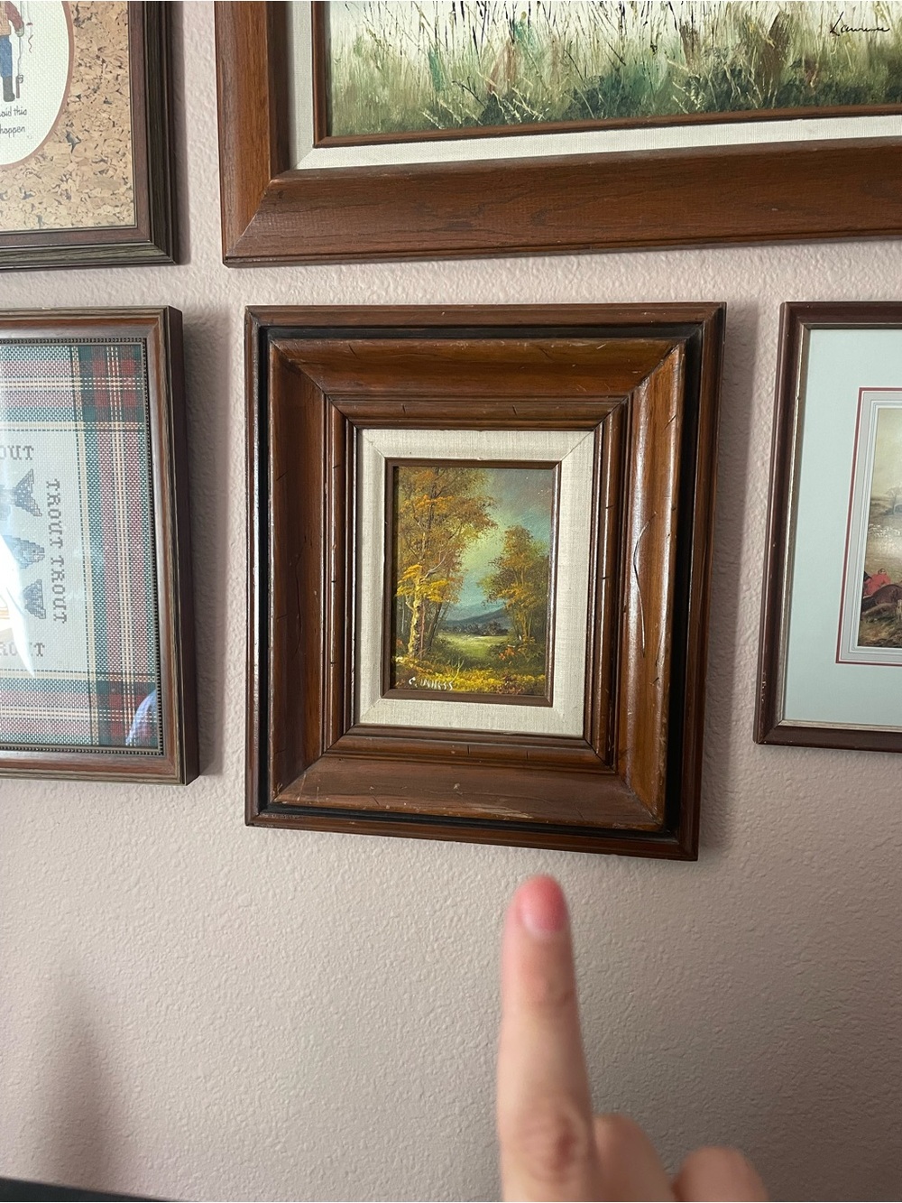 Vintage painting framed and matted in linen border gently used